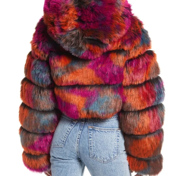 NWT Fur Moto Bright Neon Tie-Dye Moto Zip Up Hooded Fur Puffer